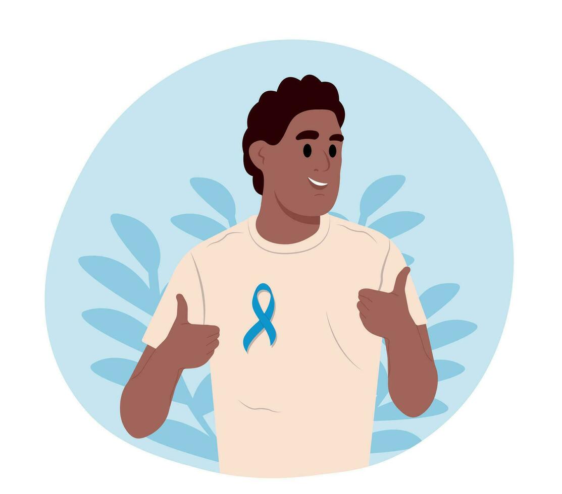 Jeune noir homme et une symbole de Hommes santé. prostate cancer conscience ruban avec. plat vecteur illustration.