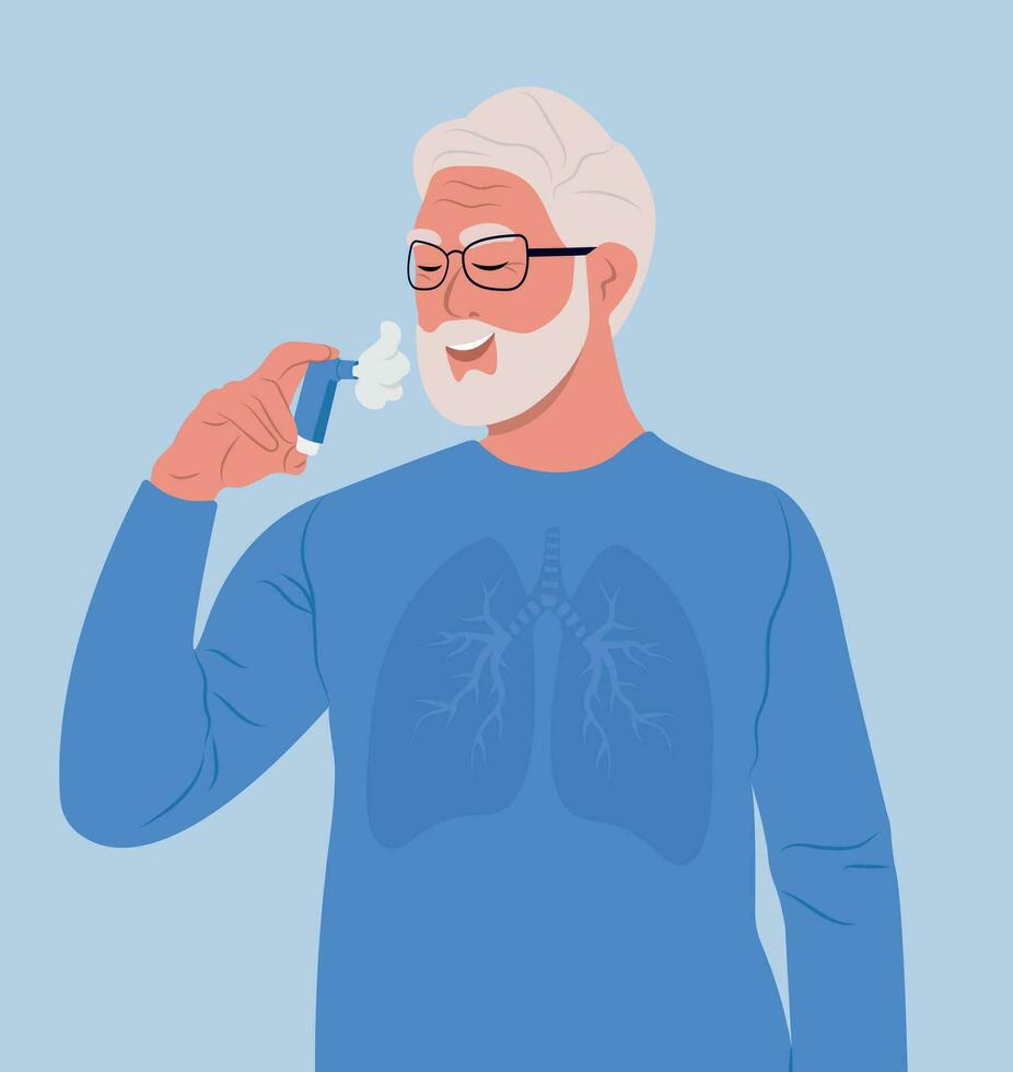 des bronches asthme. monde asthme journée. personnes âgées homme en utilisant un asthme inhalateur allergie, asthmatique. inhalation médicament. des bronches asthme vecteur