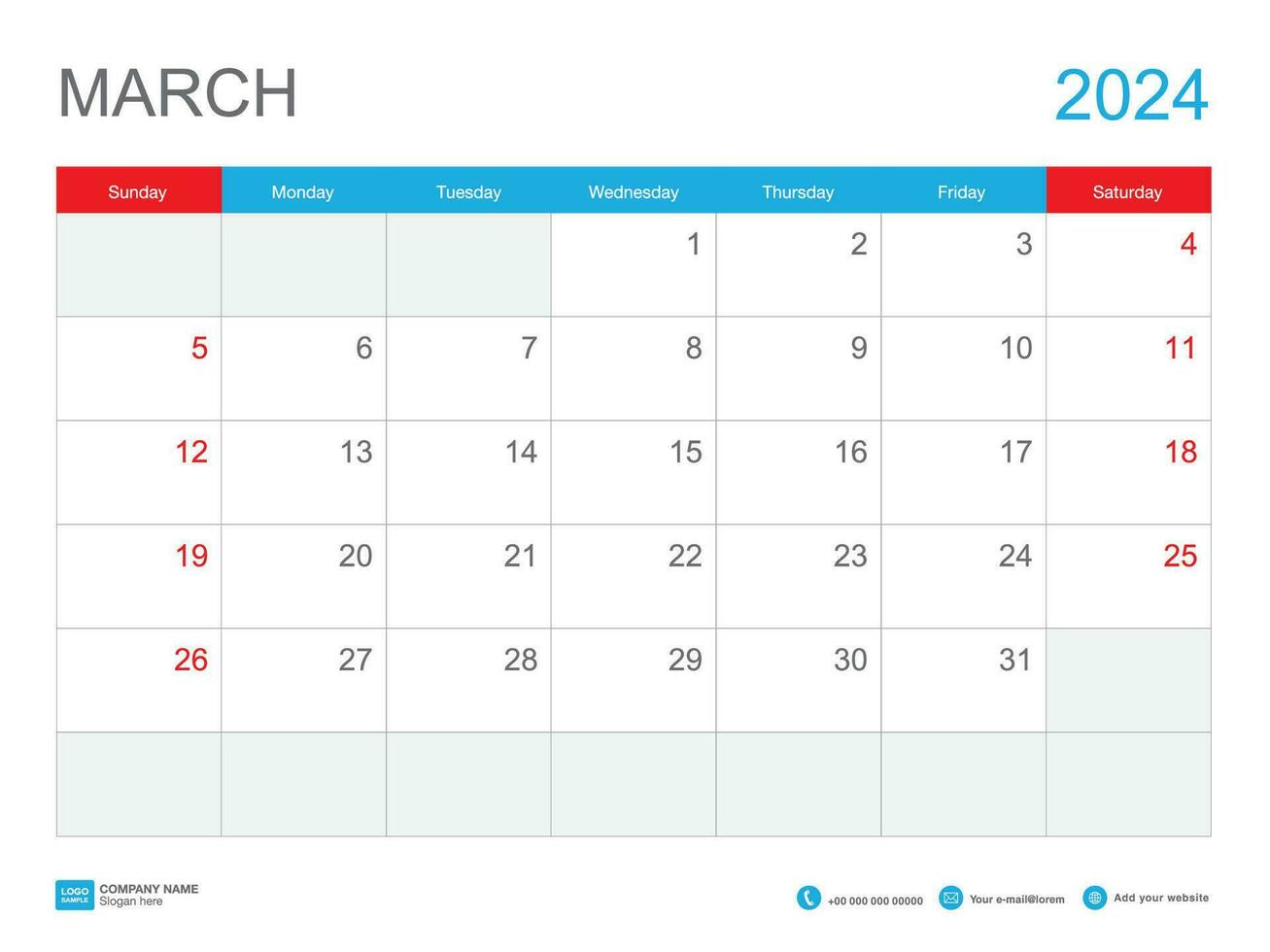 Mars 2024 modèle de calendrier 2024 conception , bureau calendrier 2024 modèle, planificateur simple, la semaine départs dimanche, papeterie, mur calendrier, impression, publicité, vecteur illustration