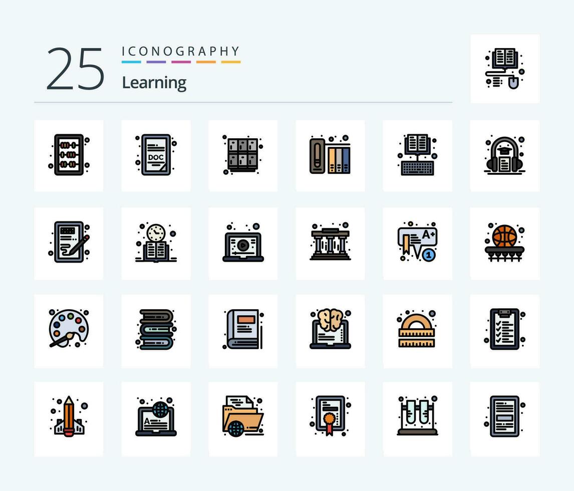 apprentissage 25 ligne rempli icône pack comprenant livre. histoire. apprentissage. des dossiers. Les données vecteur