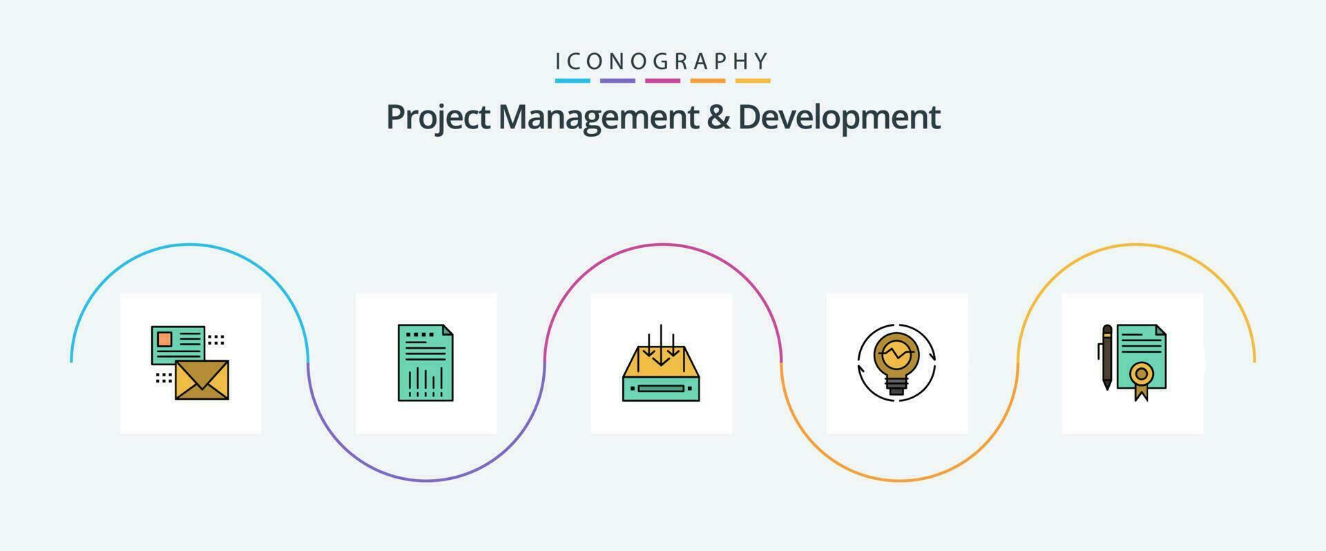 projet la gestion et développement ligne rempli plat 5 icône pack comprenant colis. récipient. financier. boîte. boîte de réception vecteur