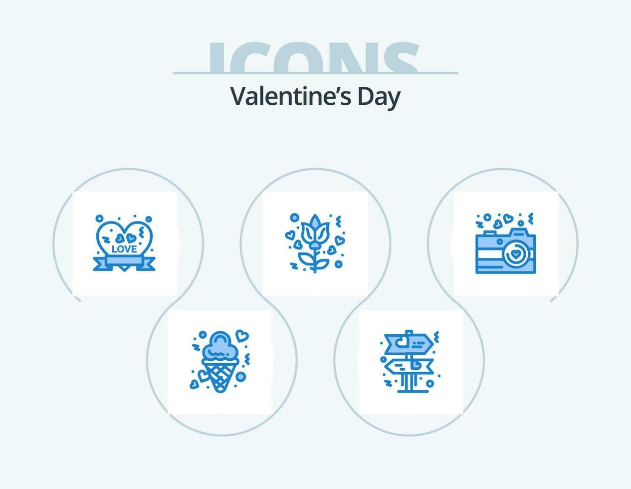 valentines journée bleu icône pack 5 icône conception. la photographie. caméra. cœur badge. Rose. fleur vecteur