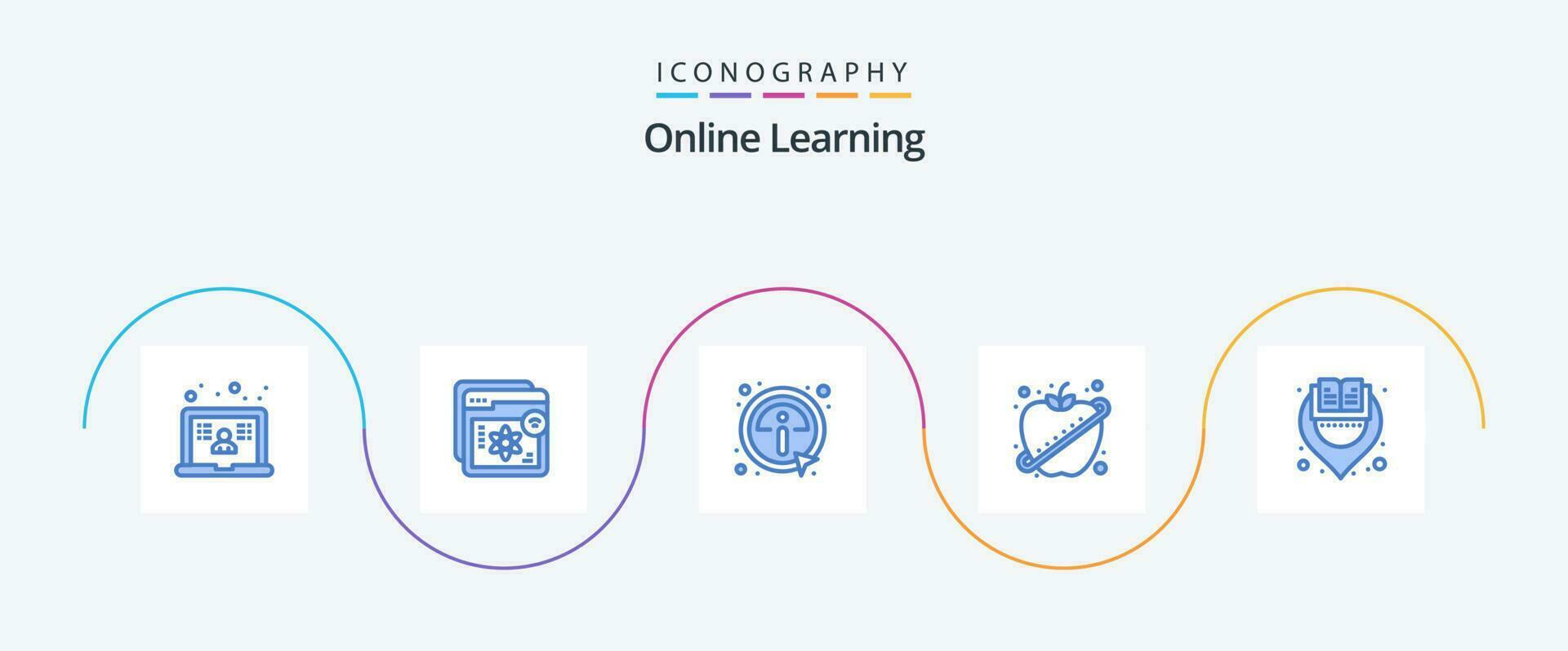 en ligne apprentissage bleu 5 icône pack comprenant livre. en bonne santé. apprentissage. fruit. information vecteur