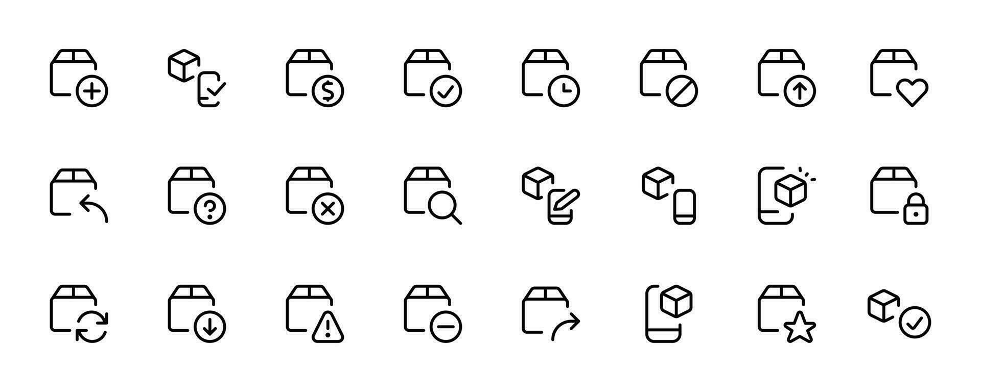 paquet icône, livraison des boites, cargaison boîte. boîte ligne Icônes. cargaison distribution, exportation des boites, revenir parcelle Icônes. expédition de marchandises, achat récipient, ouvert emballer. logistique marchandises. vecteur
