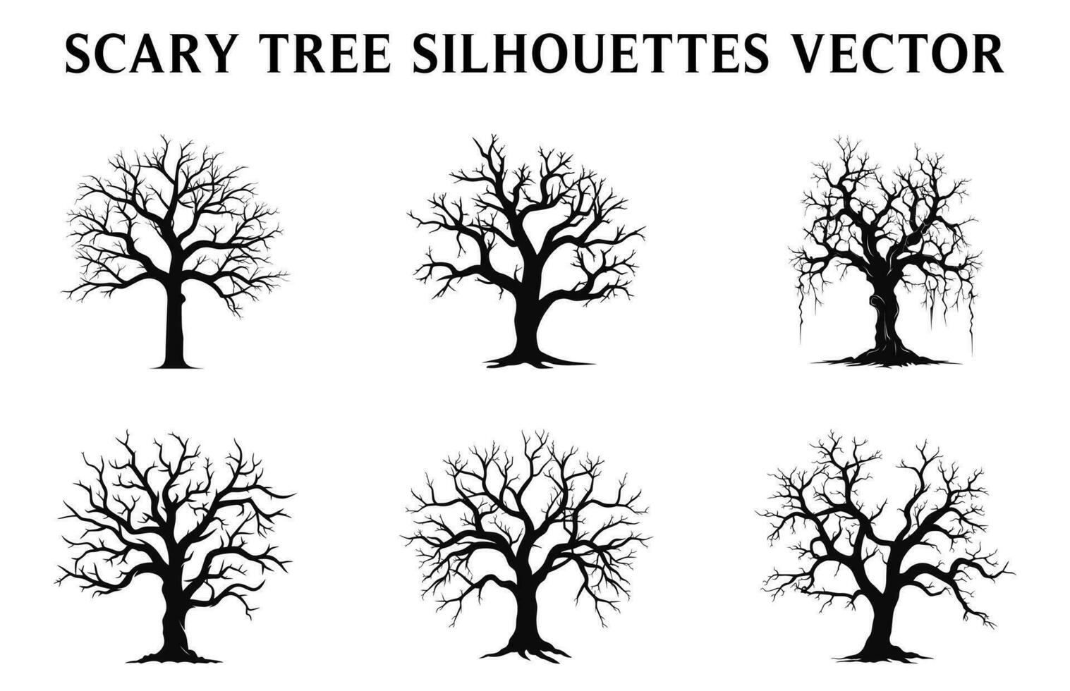 effrayant mort arbre noir silhouettes illustration ensemble, Halloween arbre vecteur paquet