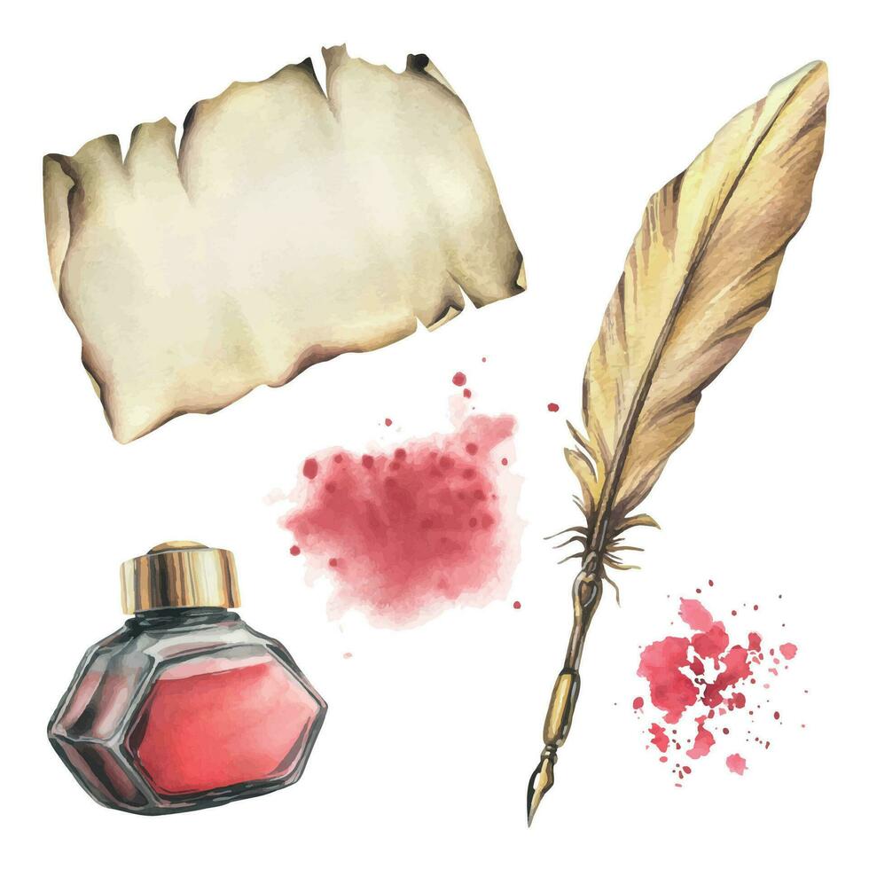 verre transparent encrier, rouge encre pot avec or couvercle, or stylo avec penne plume, papier et taches encrer. main tiré aquarelle illustration. ensemble de isolé éléments sur une blanc Contexte. vecteur