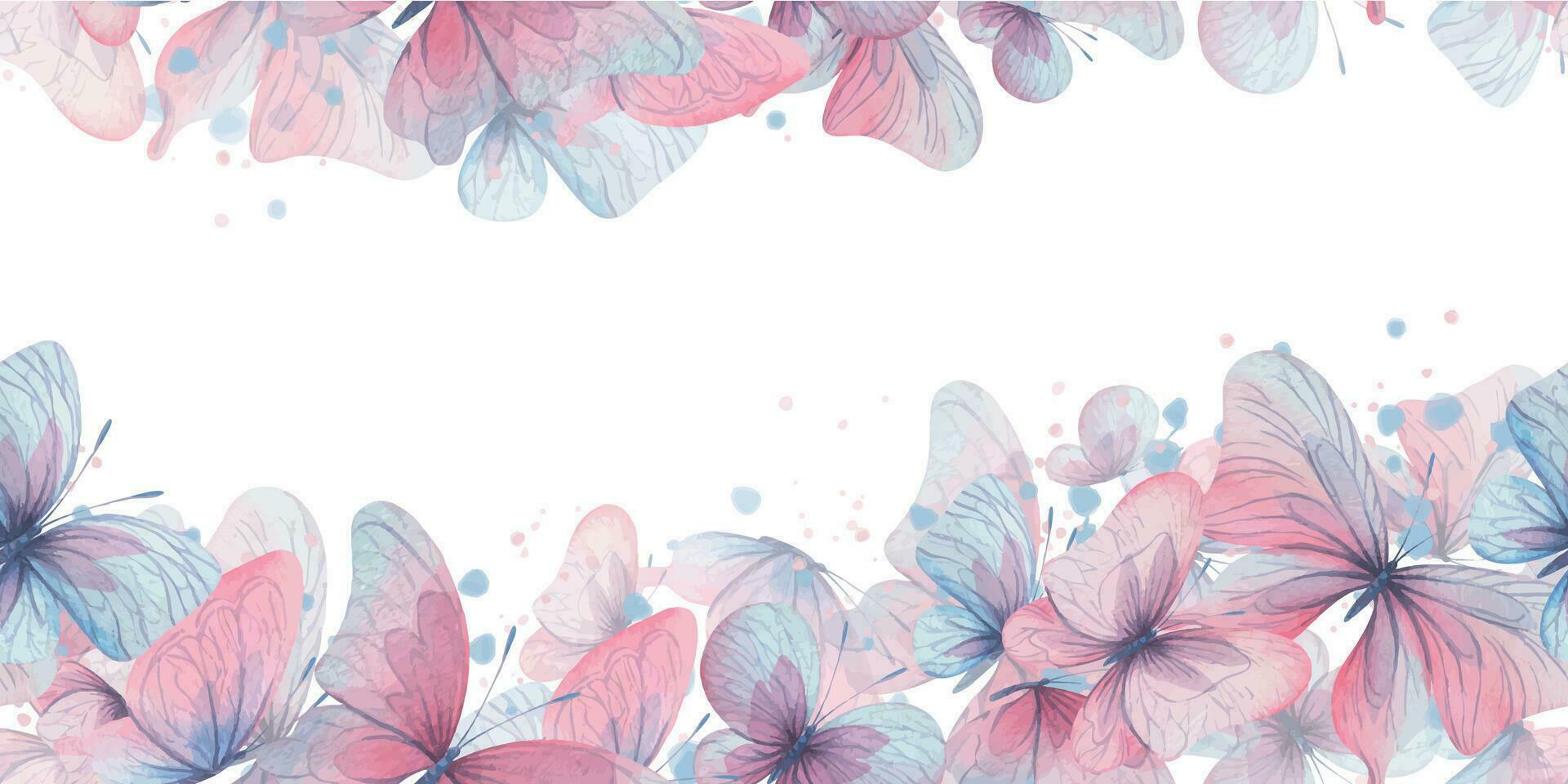 papillons sont rose, bleu, lilas, en volant, délicat avec ailes et éclaboussures de peindre. main tiré aquarelle illustration. sans couture frontière sur une blanc arrière-plan, pour conception vecteur