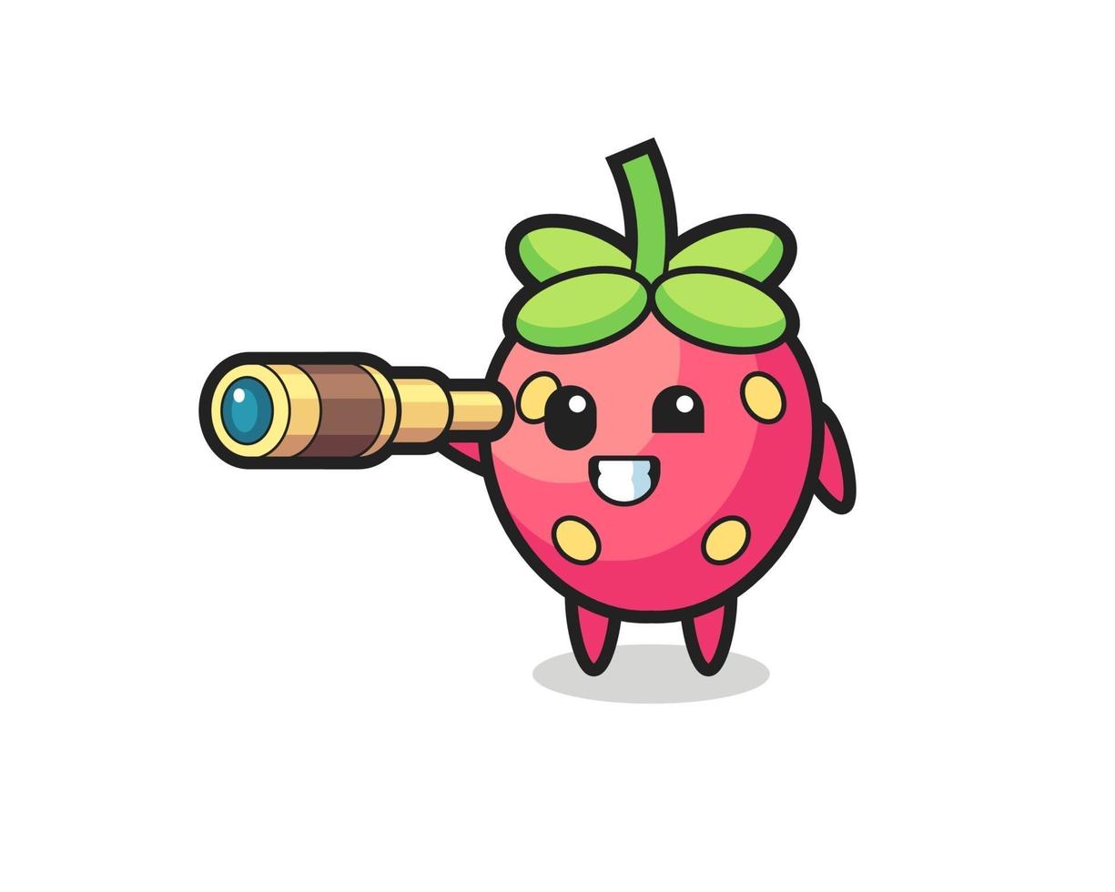 le personnage mignon de fraise tient un vieux télescope vecteur