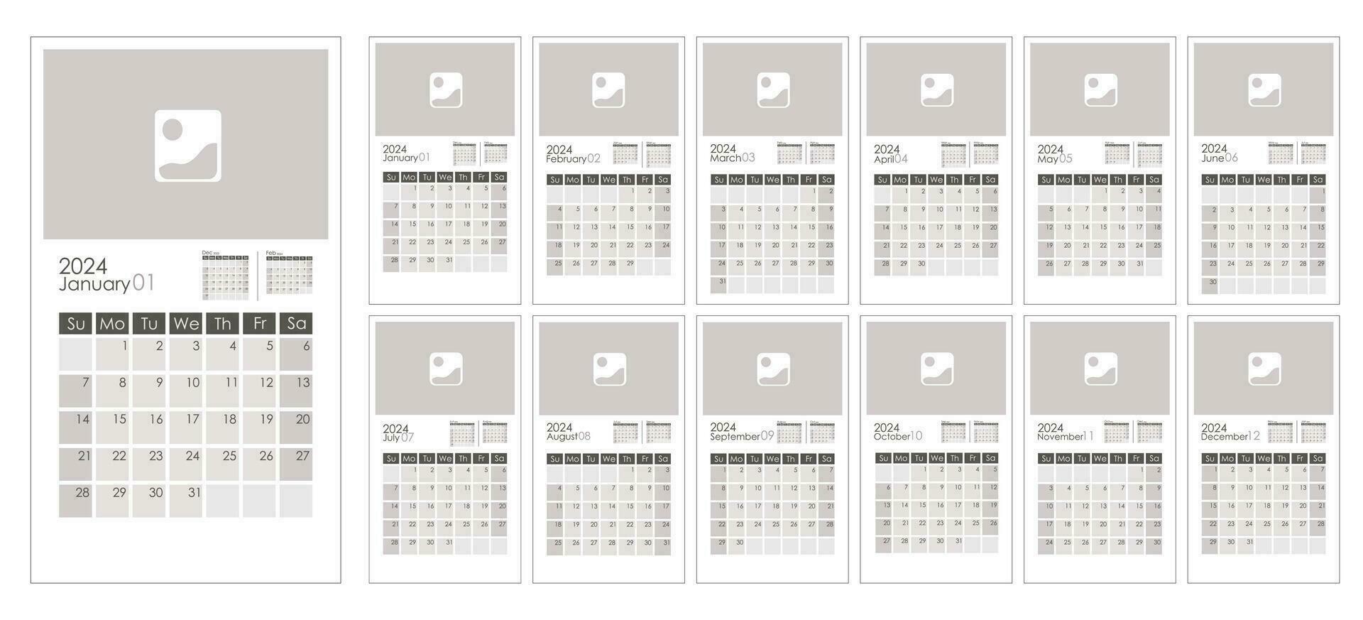 calendrier 2024 modèle avec copie espace pour le photo. la semaine départs sur dimanche. avec précédent et suivant mois miniature. vecteur conception.