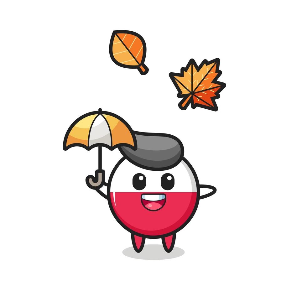 dessin animé de l'insigne mignon du drapeau de la pologne tenant un parapluie en automne vecteur