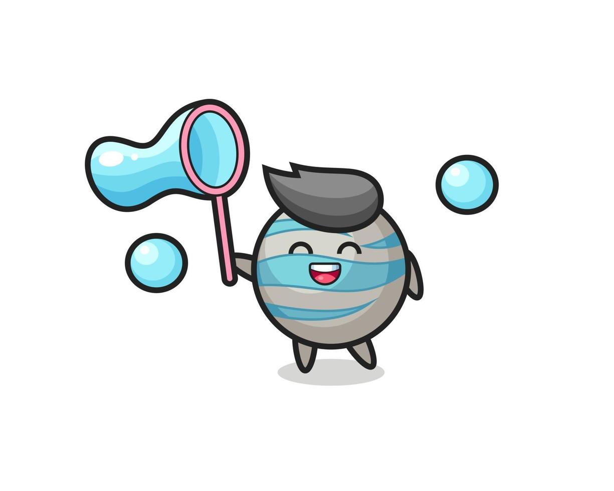dessin animé planète heureuse jouant à la bulle de savon vecteur