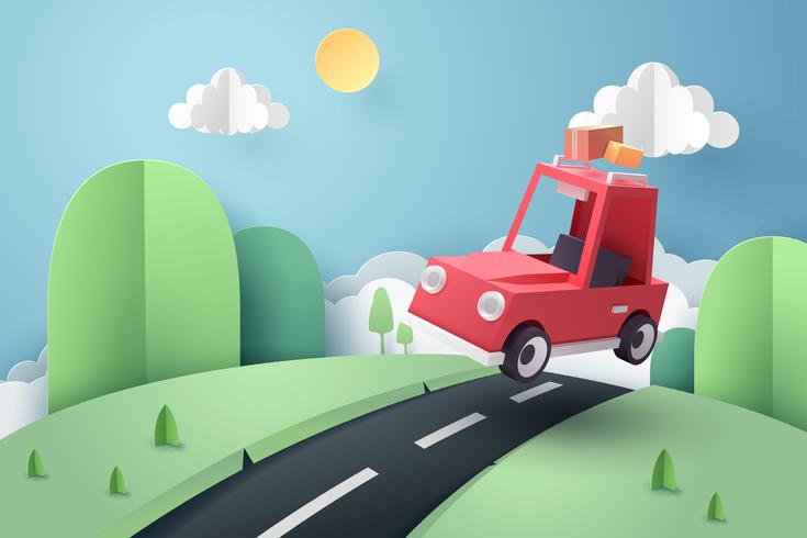 Art de papier de voiture rouge sautant sur le concept de monticule, origami et voyage vecteur