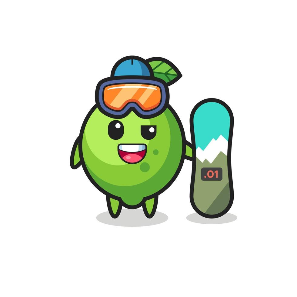 illustration du personnage de citron vert avec style snowboard vecteur