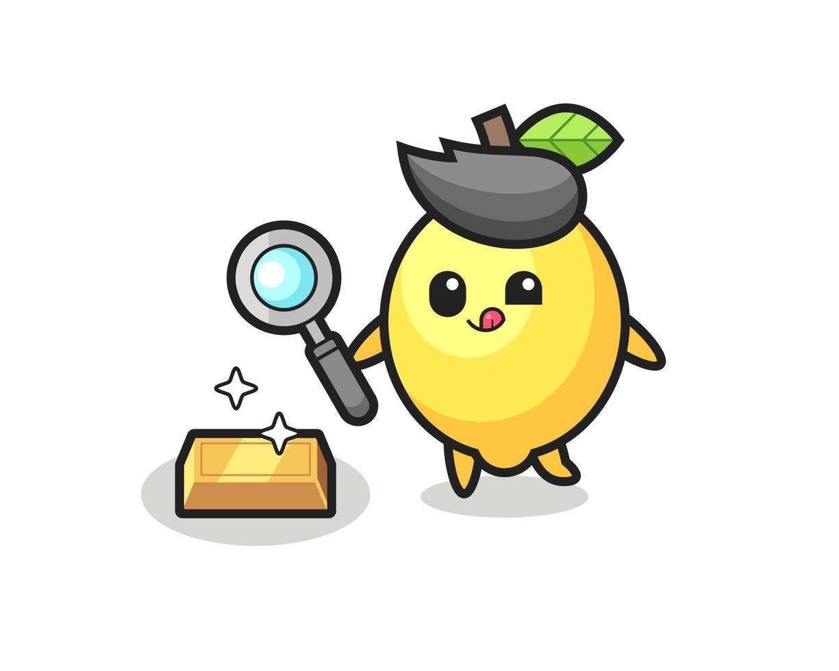 le personnage de citron vérifie l'authenticité des lingots d'or vecteur