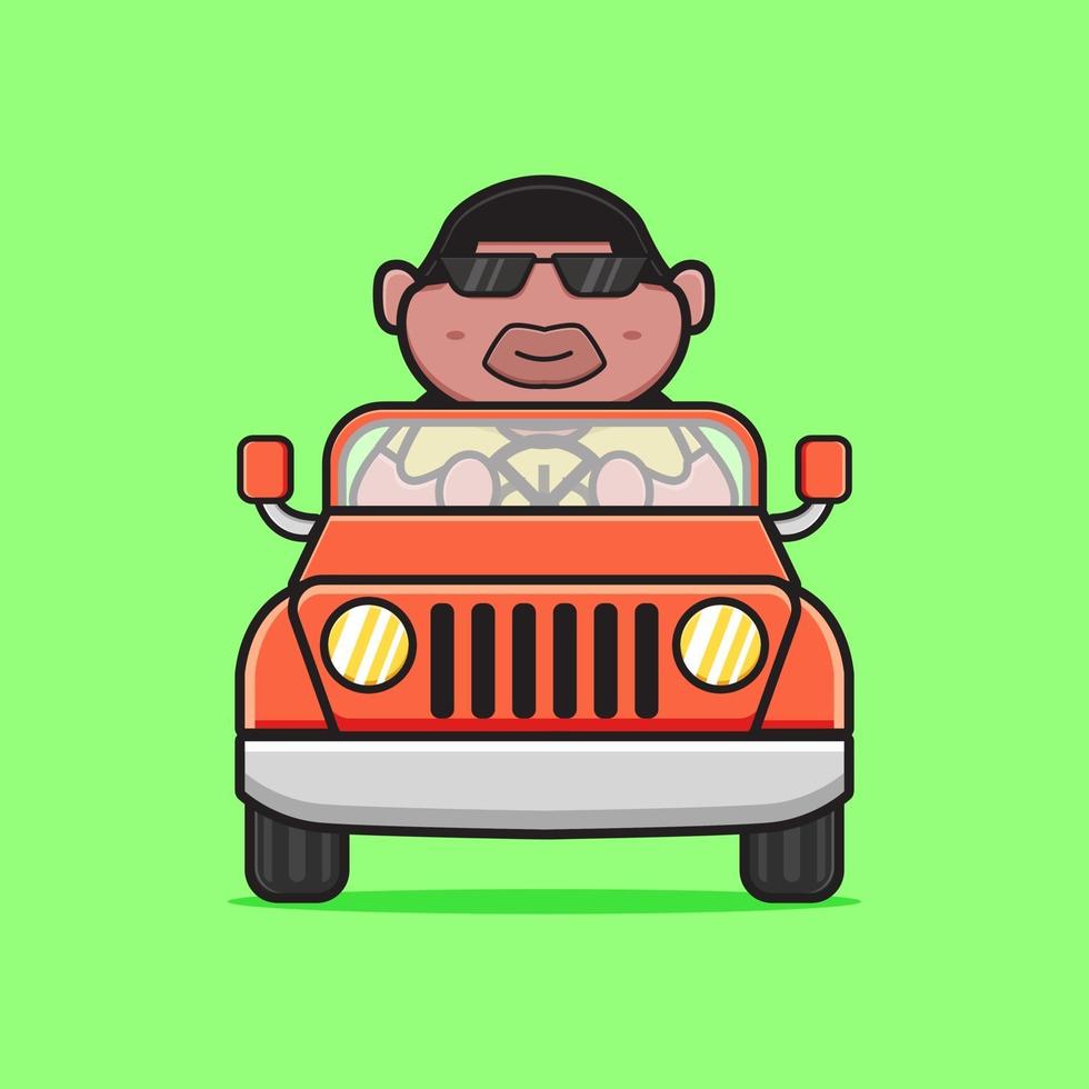 illustration d'icône de dessin animé mignon gros garçon au volant de voiture vecteur