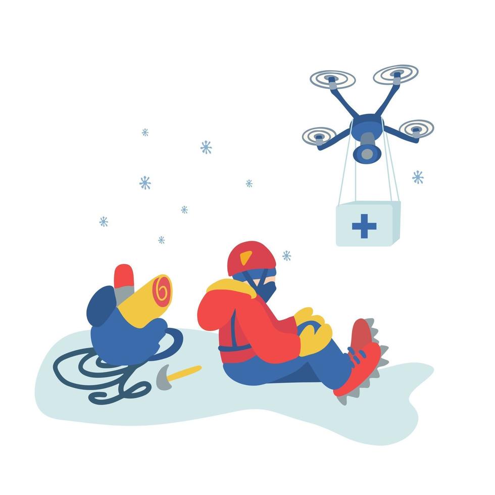 illustration d'un alpiniste blessé et d'un drone avec trousse de premiers soins. vecteur