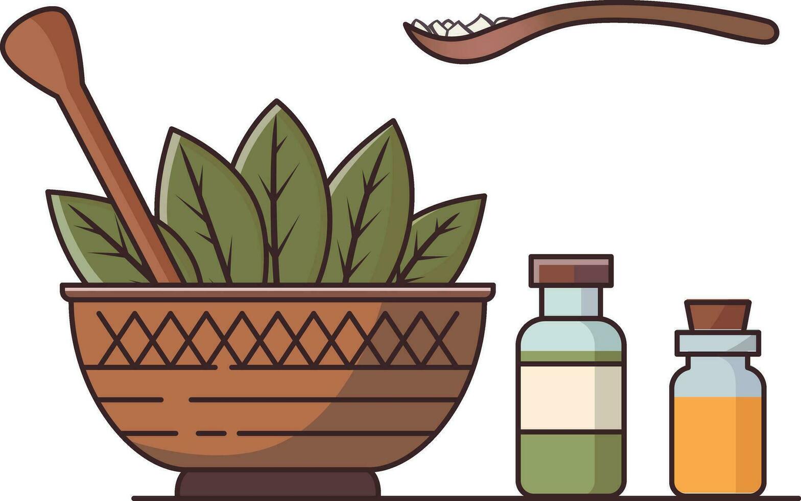 à base de plantes médicament bol et cuillère avec flacons vecteur illustration, à base de plantes ayurvédique médicament ou unani médecine, à base de plantes Naturel médicament symboles Stock vecteur image