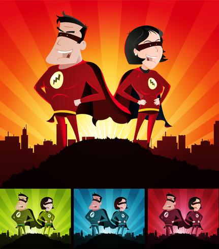 Couple de dessin animé de super héros vecteur