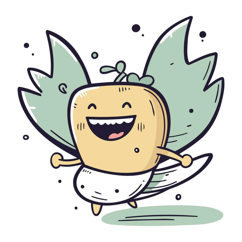 vecteur illustration de une mignonne Pomme personnage fonctionnement avec ailes et souriant.