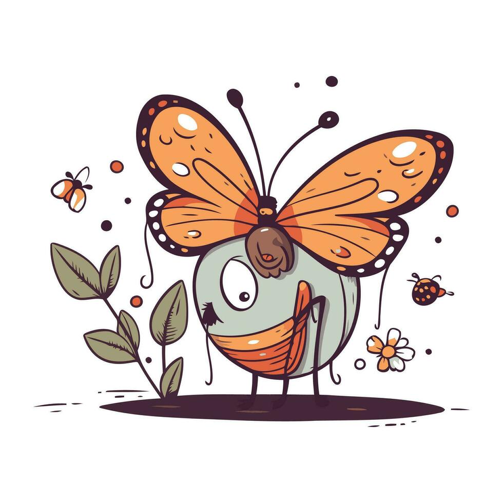 papillon avec papillon ailes et fleurs. vecteur illustration dans dessin animé style.