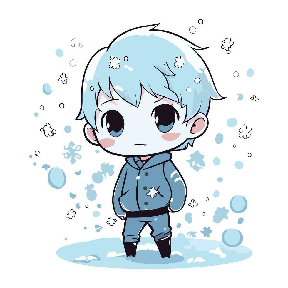 mignonne dessin animé garçon dans hiver vêtements avec flocons de neige. vecteur illustration.