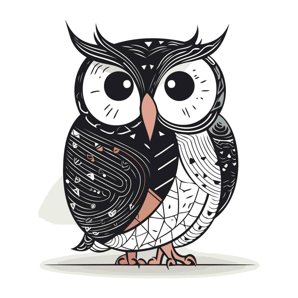 hibou. mignonne dessin animé vecteur illustration. noir et blanche.