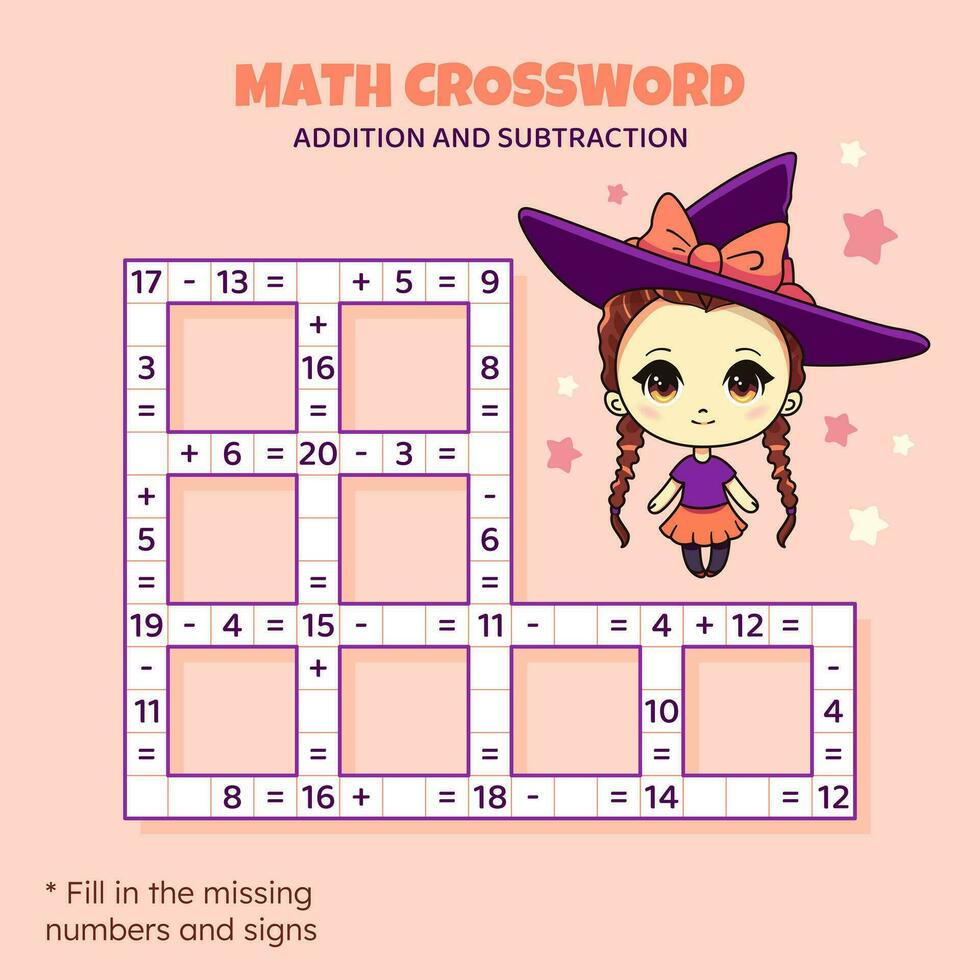 math mots croisés puzzle pour enfants. une addition et soustraction. compte en haut à 20. Jeu pour les enfants. vecteur illustration. coloré mots croisés avec dessin animé anime fille. tâche, éducation Matériel pour enfants.