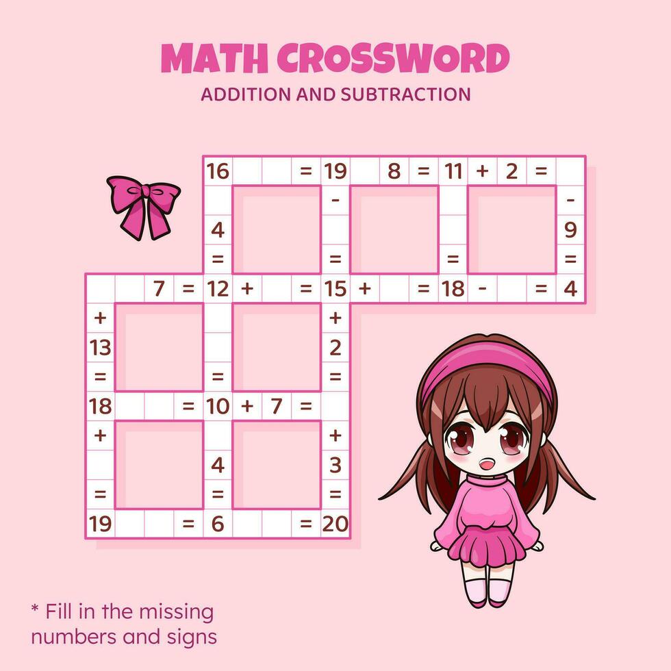 math mots croisés puzzle pour enfants. une addition et soustraction. compte en haut à 20. Jeu pour les enfants. vecteur illustration. coloré mots croisés avec dessin animé anime fille. tâche, éducation Matériel pour enfants.