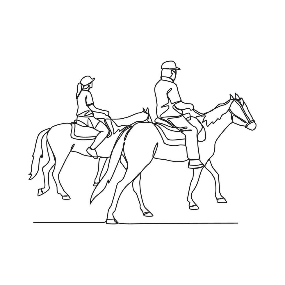 un continu ligne dessin de gens équitation le cheval. une jockey est Quelqu'un qui monte une cheval dans une course. équitation le cheval dans Facile linéaire style vecteur illustration. adapté conception pour votre actif.