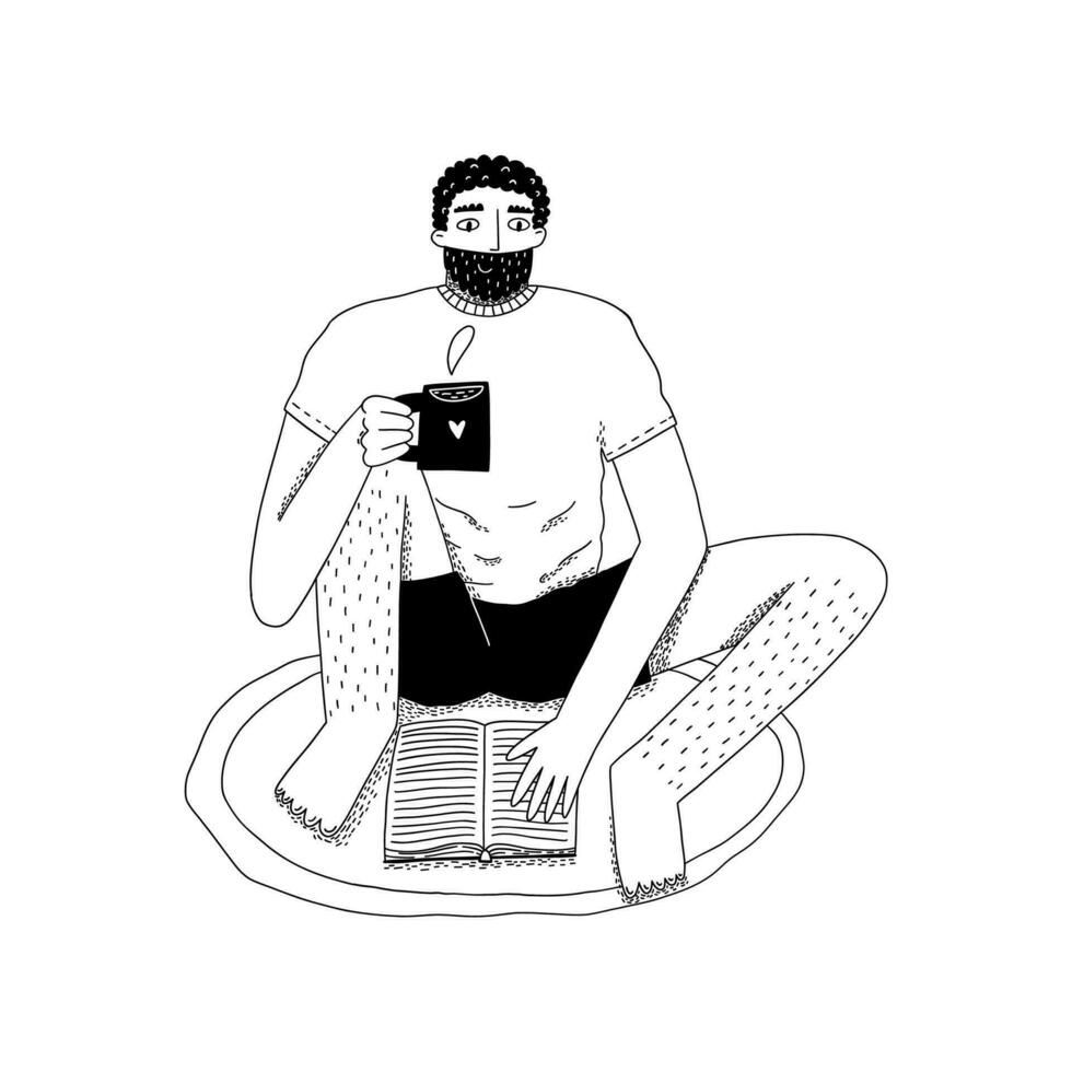 une homme lit une livre. en étudiant, repos, en lisant. vecteur illustration dans griffonnage style.