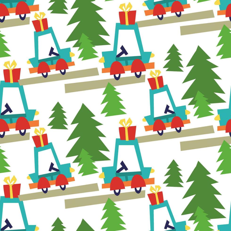 Noël modèle avec bleu voiture et Noël cadeau. le route par le forêt. géométrique machine à écrire sur une blanche. il pouvez être utilisé dans le textile industrie, papier production, arrière-plan, scrapbooking vecteur