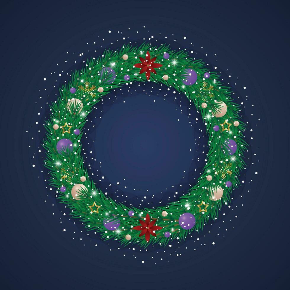 réaliste Noël vert couronne avec bleu et blanc des balles avec neige et flocons de neige avec lumières et d'or étoiles avec fleurs. vecteur