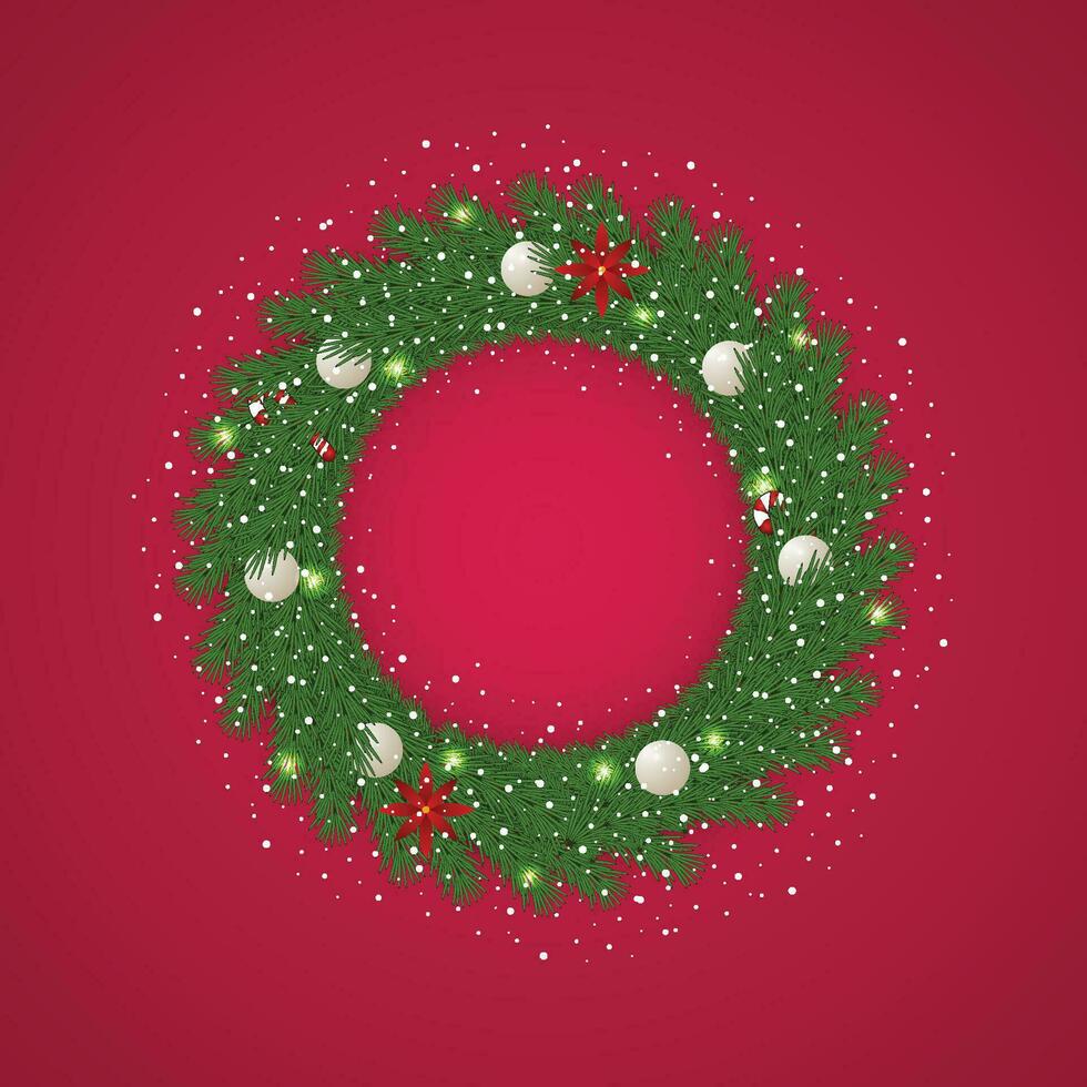 réaliste Noël vert couronne avec blanc des balles et neige avec d'or lumières et rouge fleurs. vecteur