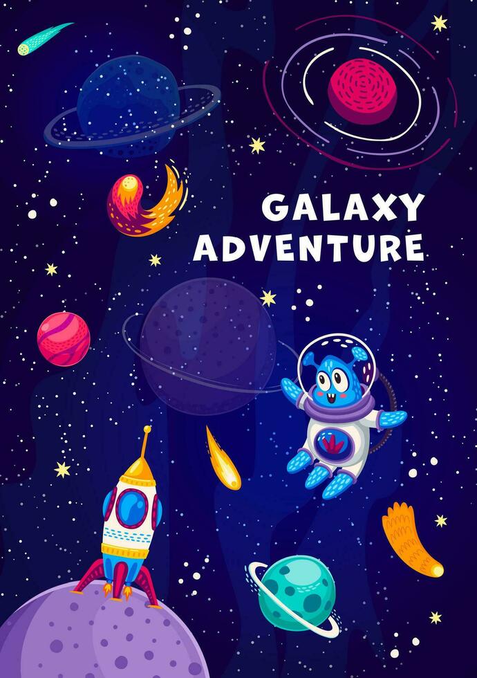 galaxie aventure affiche, dessin animé extraterrestre dans espace vecteur