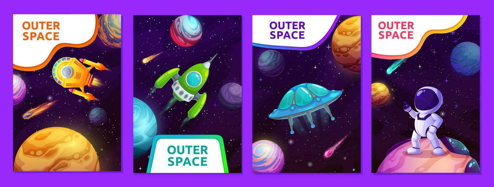 dessin animé espace affiches, bannières avec galaxie planètes vecteur