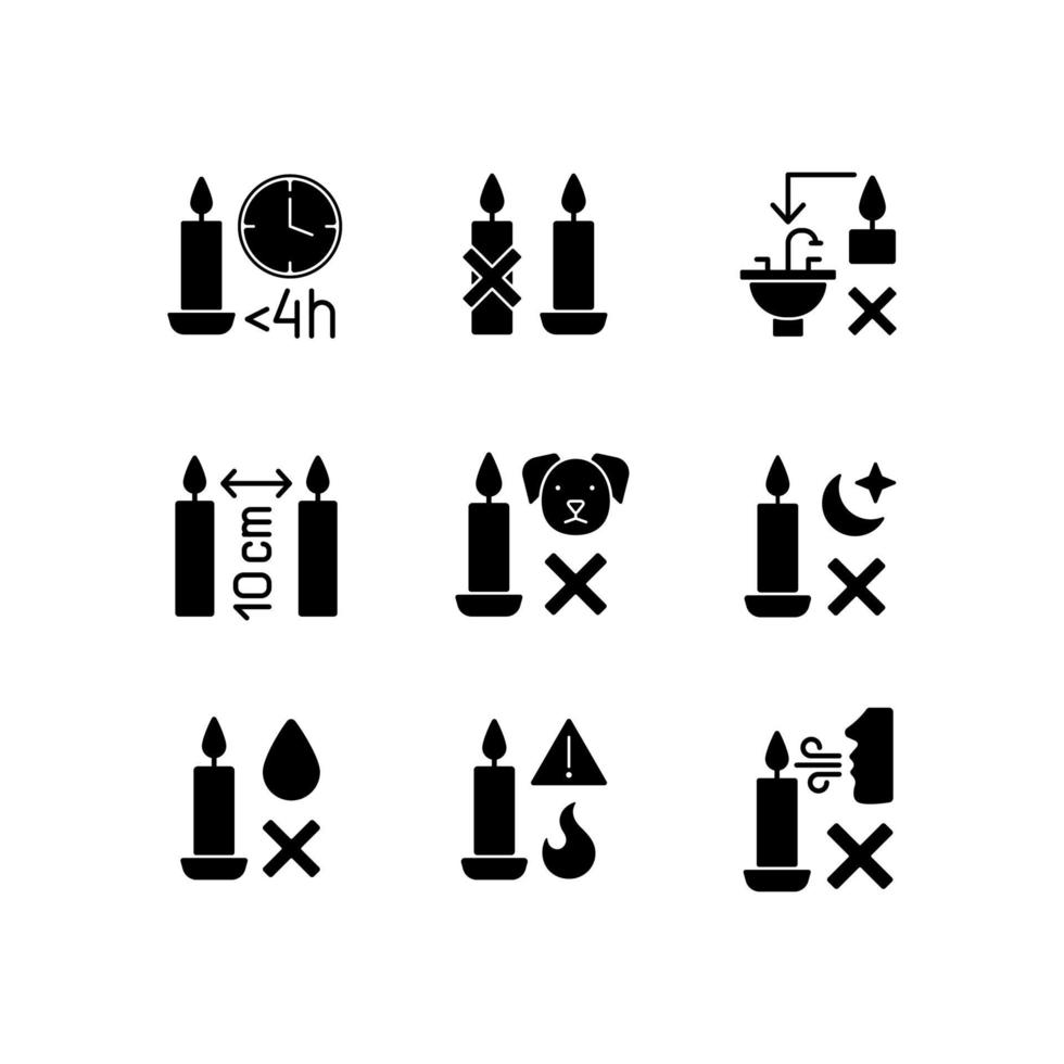 règles de sécurité des bougies icônes d'étiquette de glyphe noir sur un espace blanc vecteur