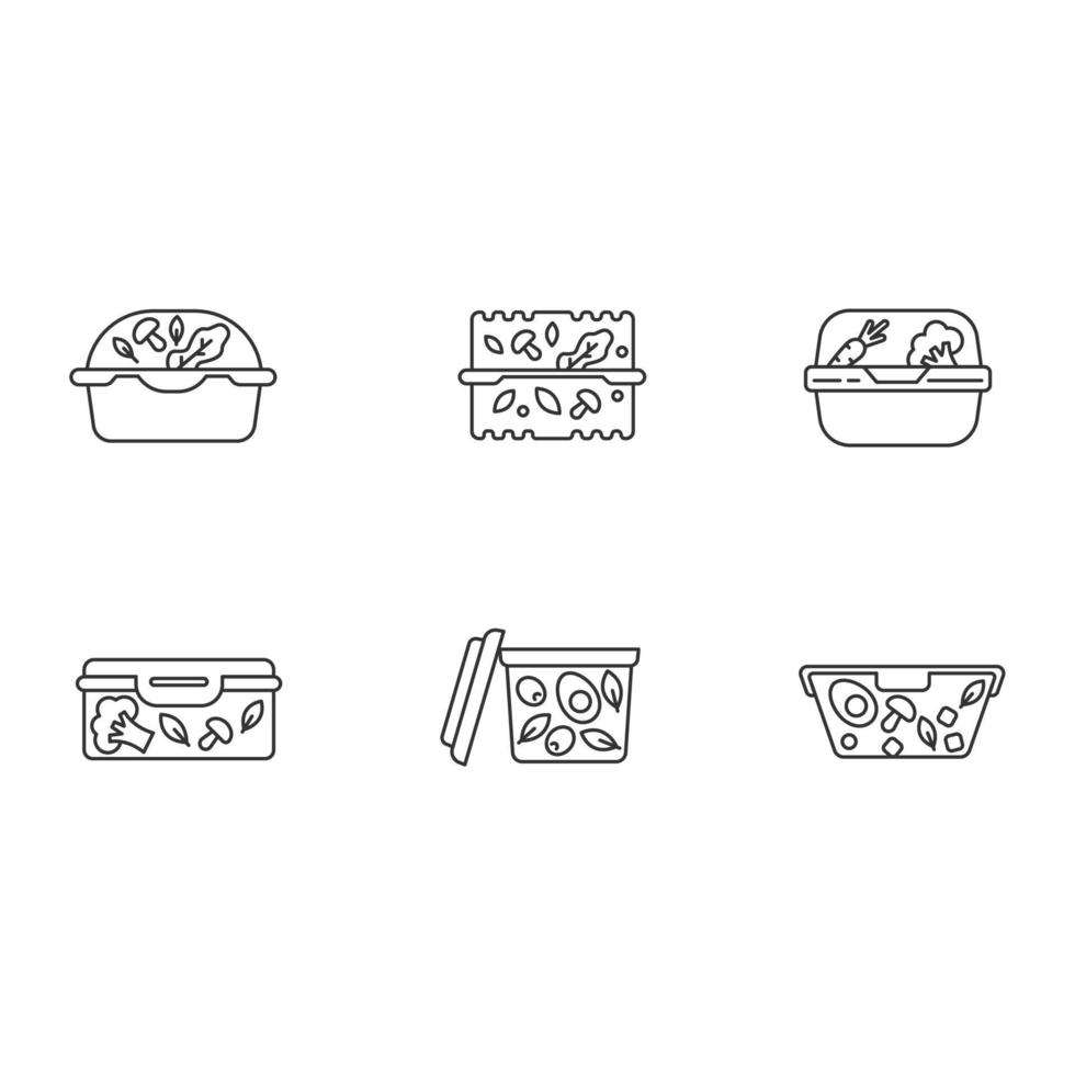 Ensemble d'icônes linéaires parfaites de pixel de récipients à salade en plastique vecteur
