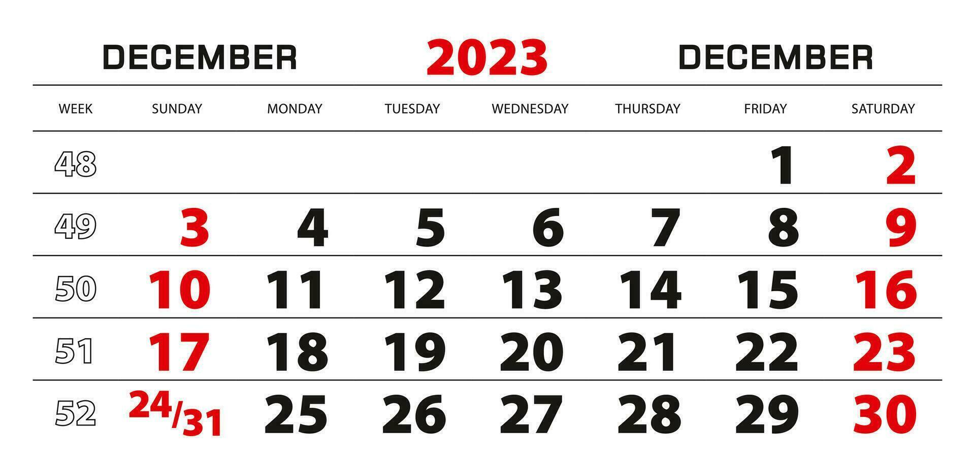 calendrier mural 2023 pour décembre, semaine commençant le dimanche. vecteur