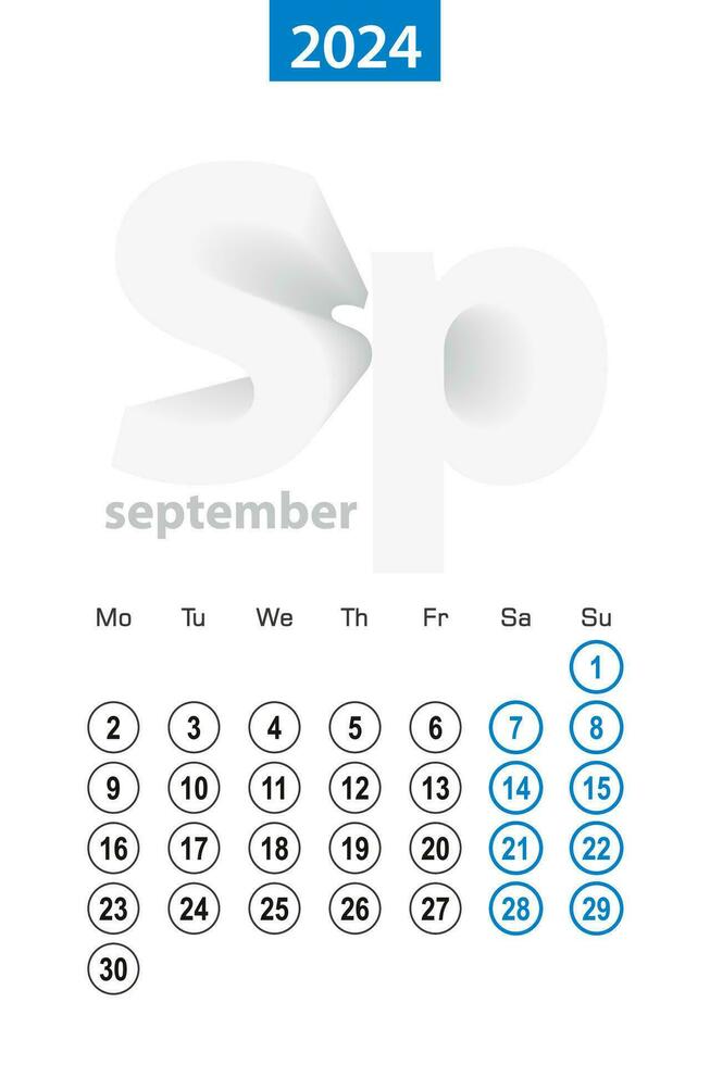 calendrier pour septembre 2024, bleu cercle conception. Anglais langue, la semaine départs sur lundi. vecteur