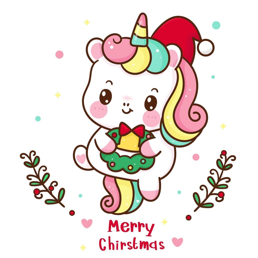 vecteur kawaii de dessin animé mignon de licorne porter une couronne de noël de bonnet de noel