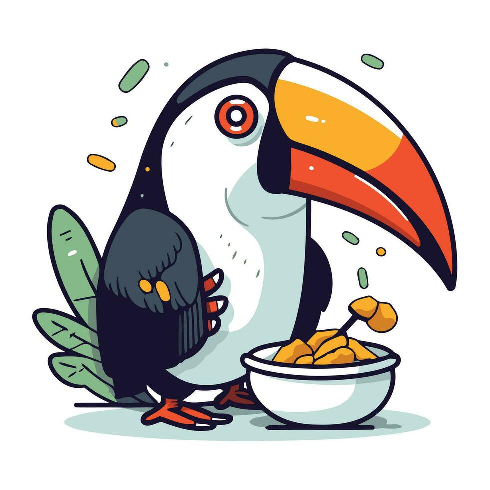 mignonne dessin animé toucan avec bol de aliments. vecteur illustration.