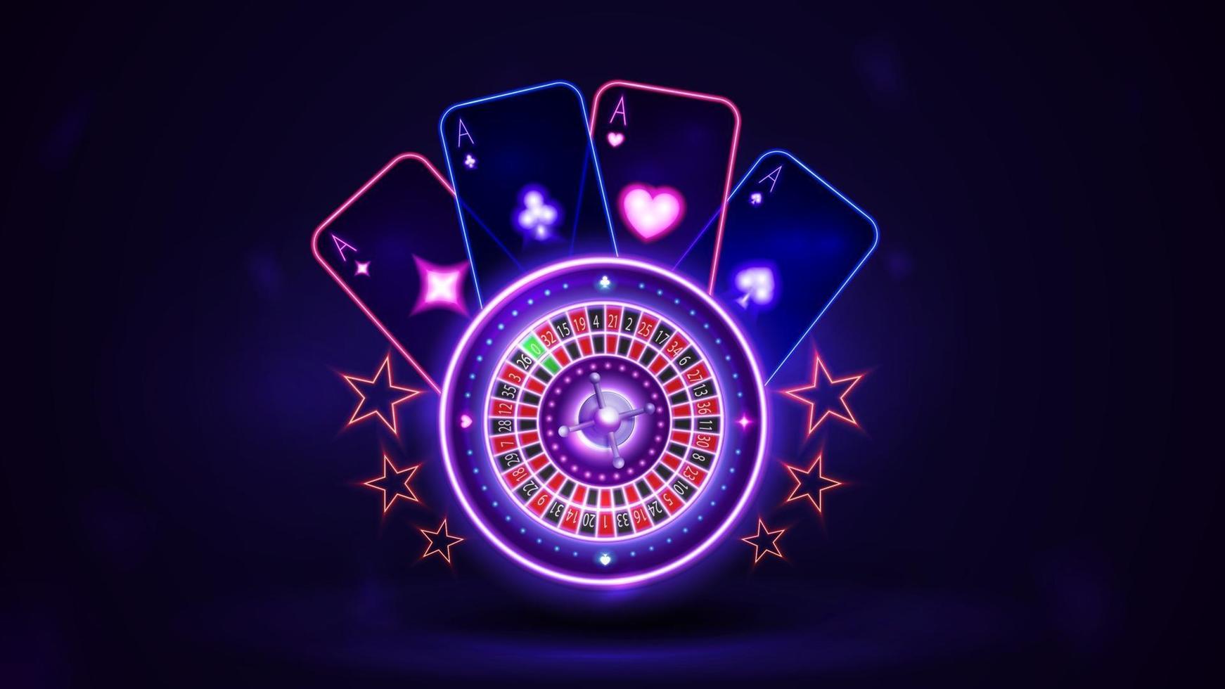 Roue de roulette de casino au néon rose brillant avec des cartes à jouer vecteur