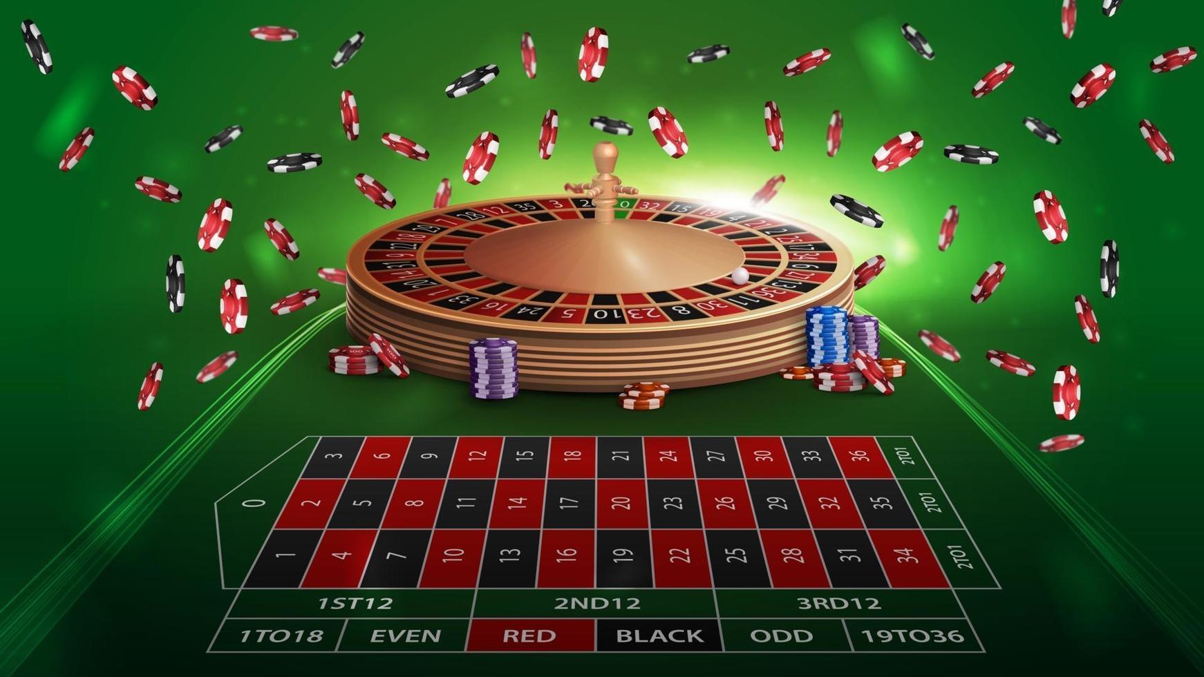 table verte de roulette de casino en perspective avec des jetons de poker. vecteur