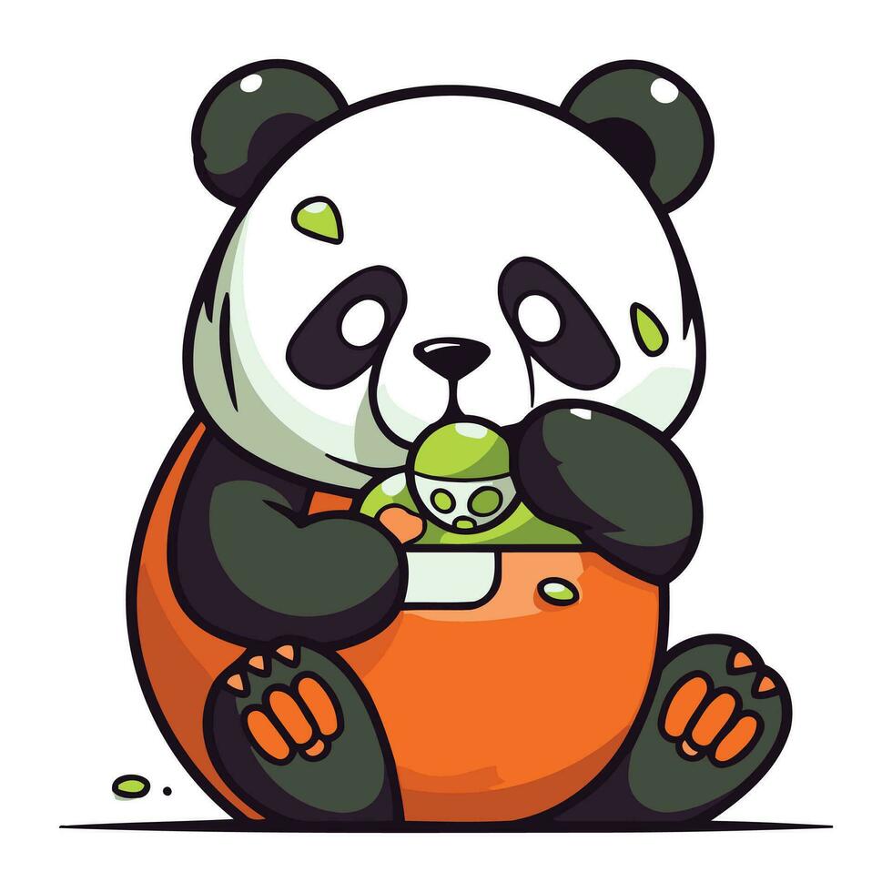 Panda ours en portant une tasse de thé. mignonne dessin animé vecteur illustration.