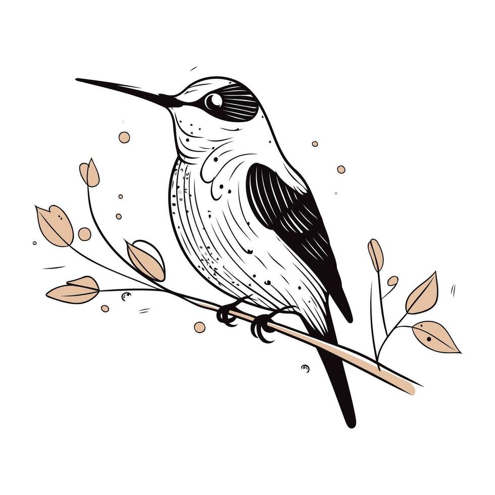 main tiré vecteur illustration de une oiseau séance sur une branche avec feuilles.