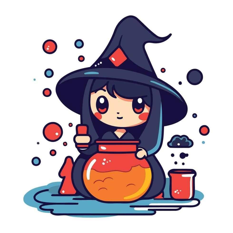 mignonne peu fille dans sorcière costume avec potion. vecteur illustration.