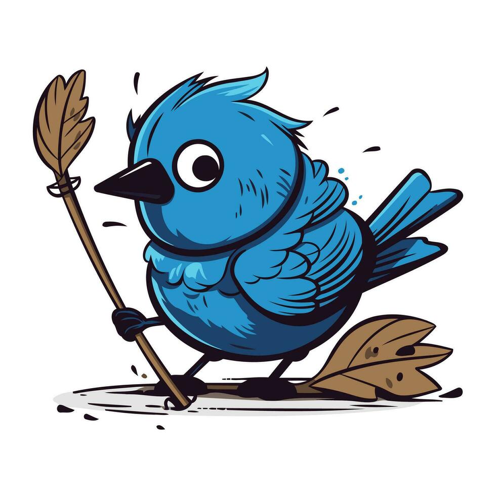 mignonne dessin animé bleu oiseau avec une balai sur une blanc Contexte. vecteur