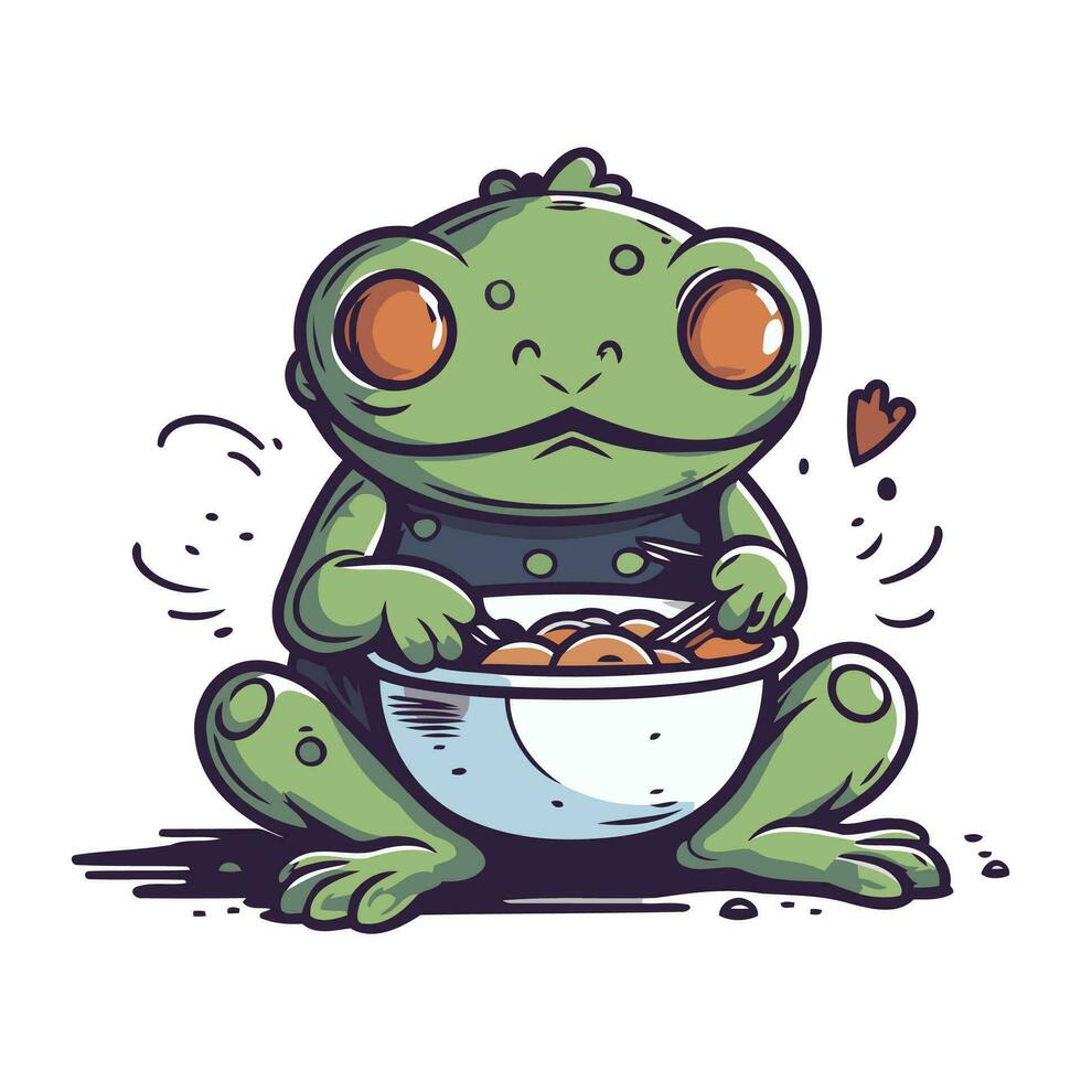 grenouille avec bol de petit déjeuner. vecteur illustration isolé sur blanc Contexte.