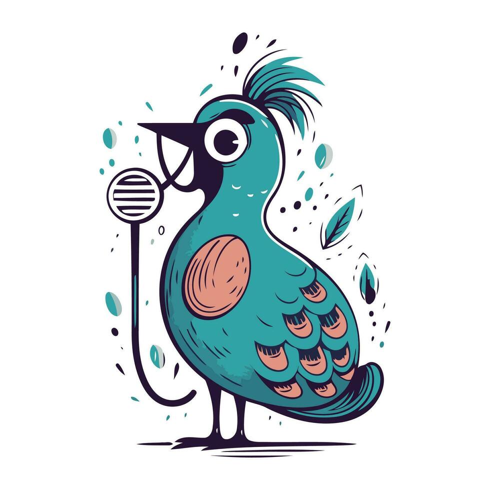 mignonne dessin animé perroquet avec microphone. main tiré vecteur illustration.