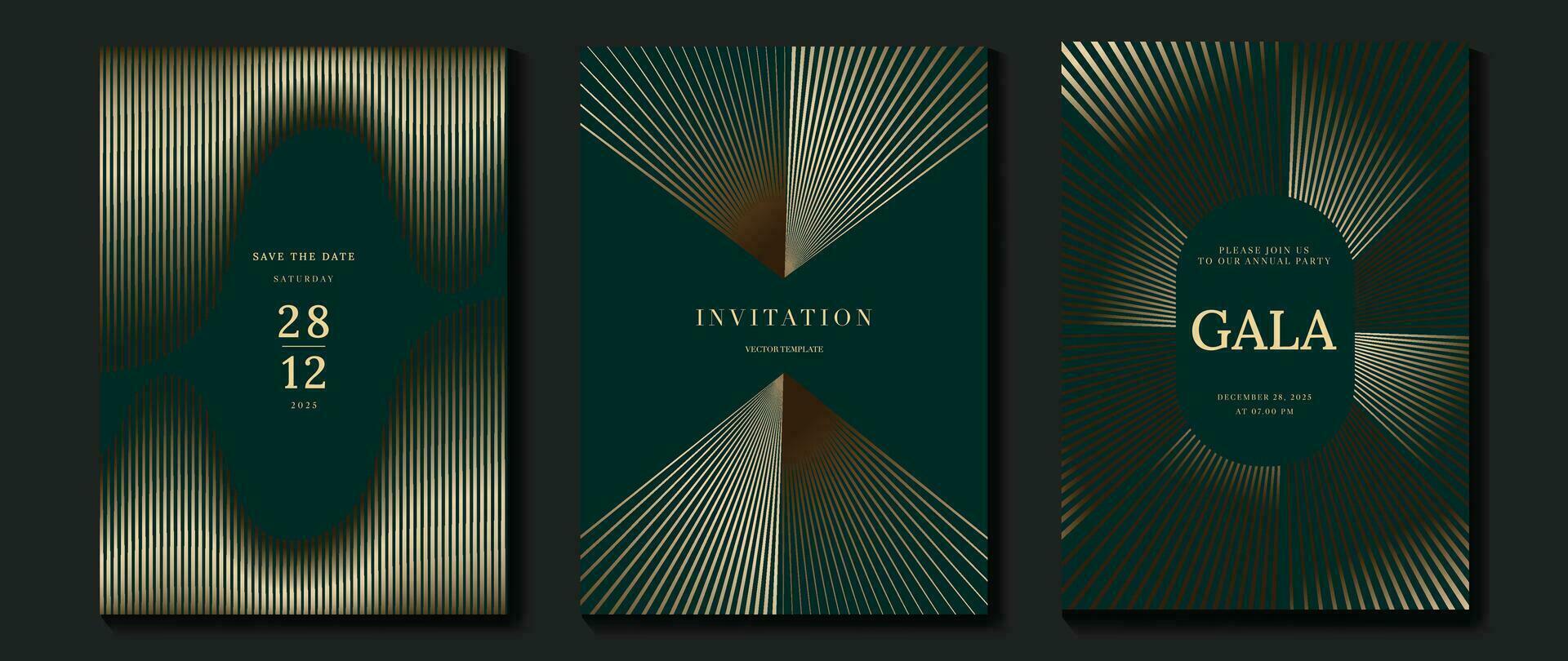 luxe invitation carte Contexte vecteur. d'or courbe élégant, or ligne pente sur vert Couleur Contexte. prime conception illustration pour gala carte, grandiose ouverture, fête invitation, mariage. vecteur